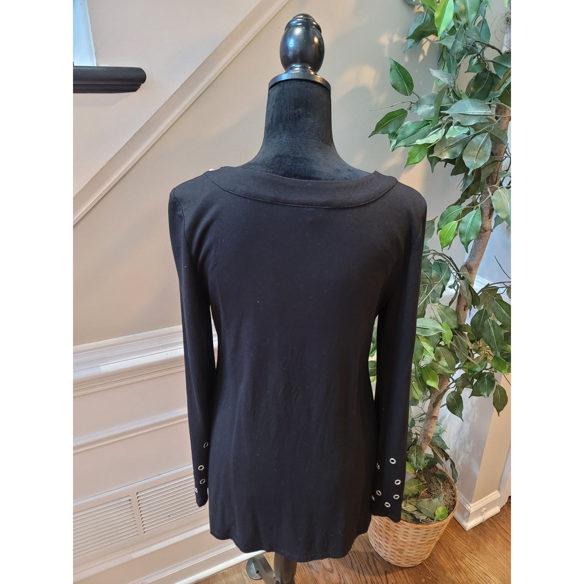 INC International Concepts Blouse L Black Rhinestone Grommet Embellished Scoop