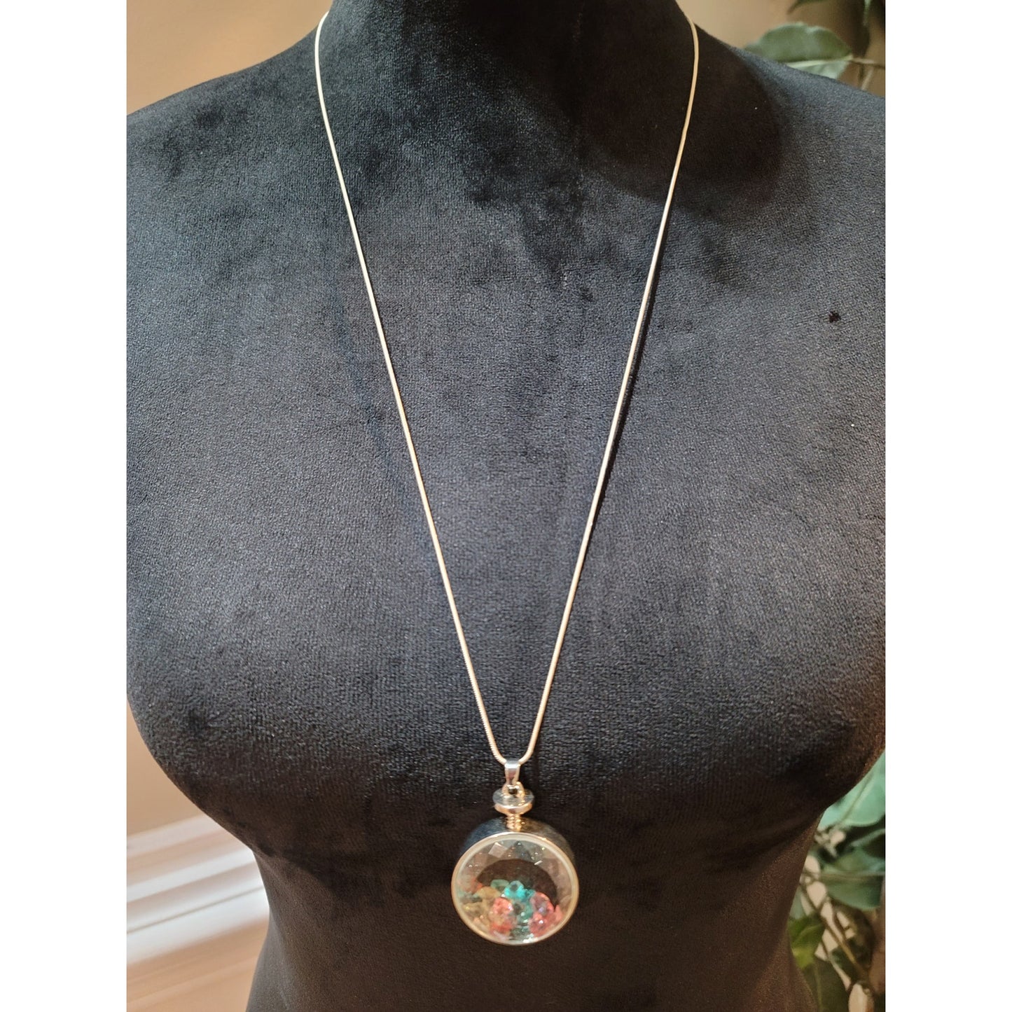 Women’s Long Pendant Necklace With Round Glass Locket And Multicolor Crystals