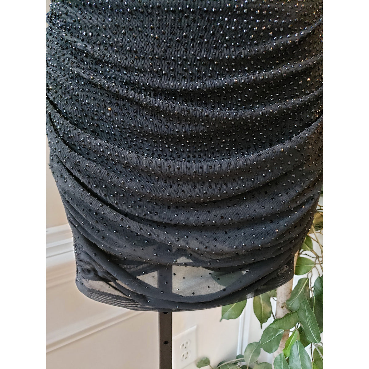 Oh Polly Mini Bodycon Dress Women's Size 4 Black Sheer Embellished Scoop Neck