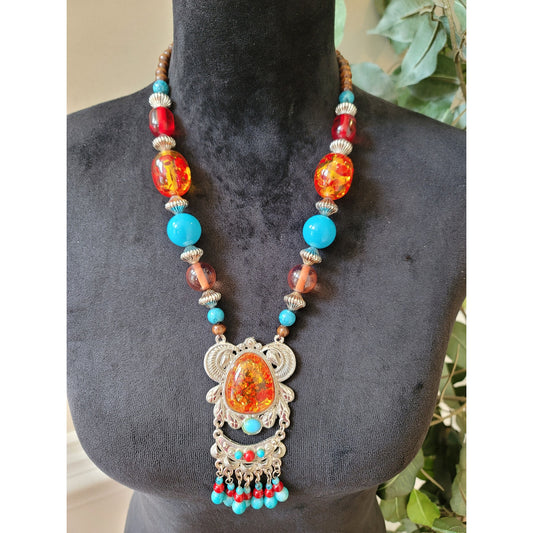 Women's Bohemian Statement Necklace With Amber Stone Silver Pendant Lobster Lock