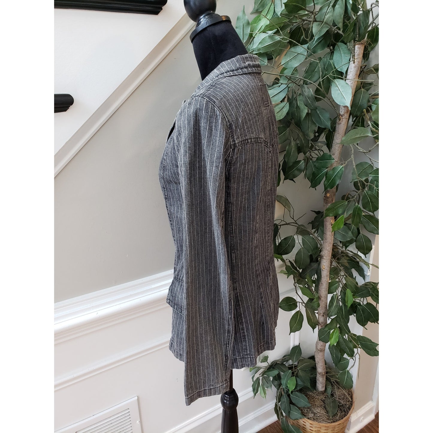 Carlo's Denims Blazer Jacket Women Small Gray Striped Peak Lapel Single Breasted