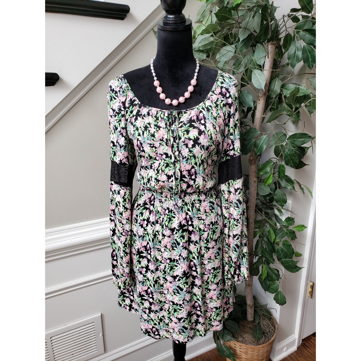 Princess Vera Fit & Flare Dress Women Large Black Floral Round Neck Long Sleeve