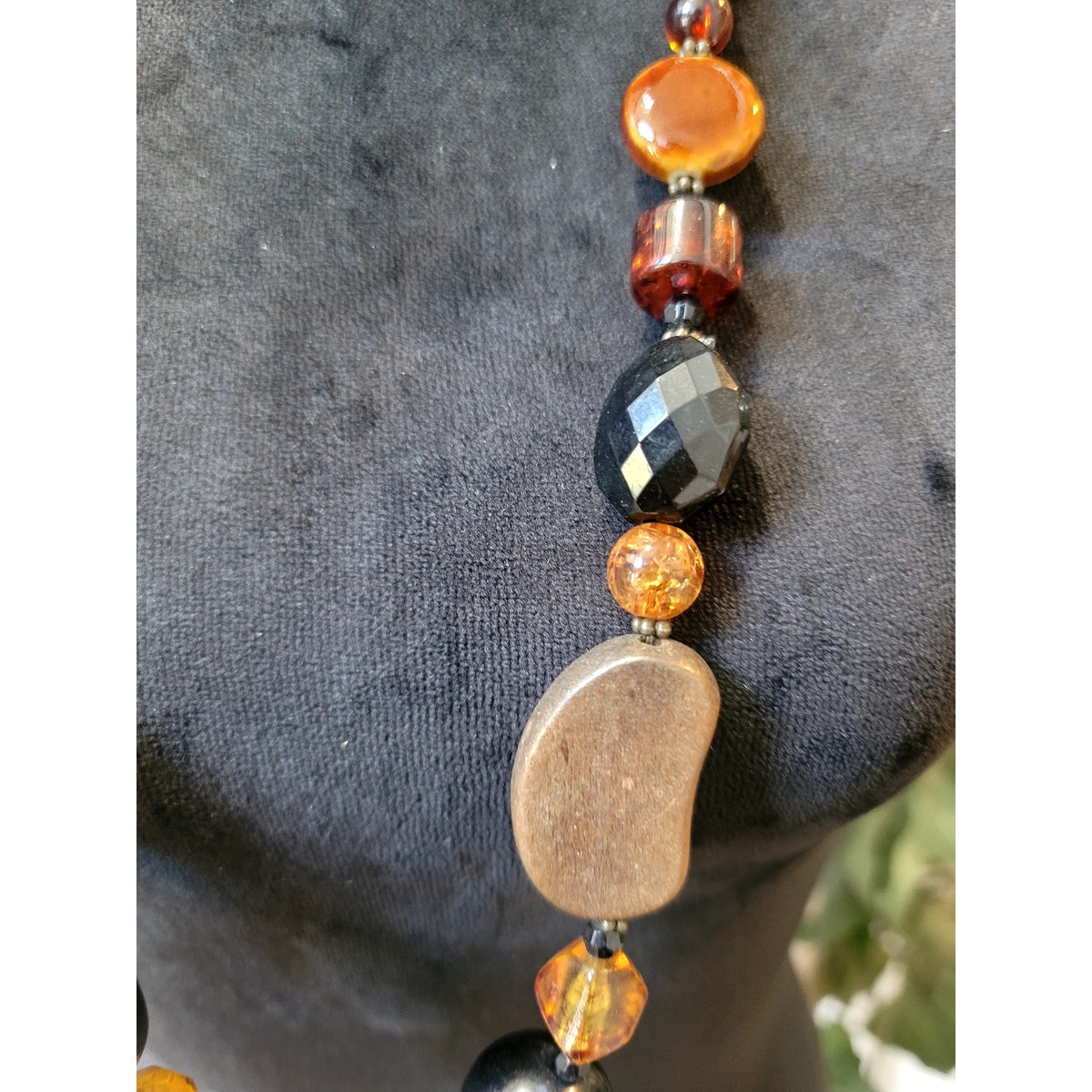Artisan Mixed Bead Statement Necklace Black Amber Brown Gold Tone Boho Chic