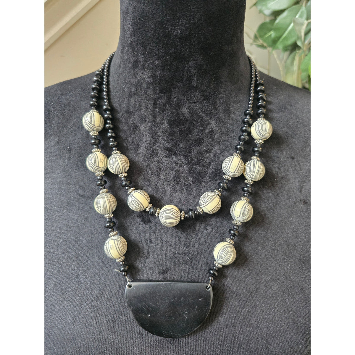 Black Cream Striped Beaded Double Strand Half Moon Pendant Necklace