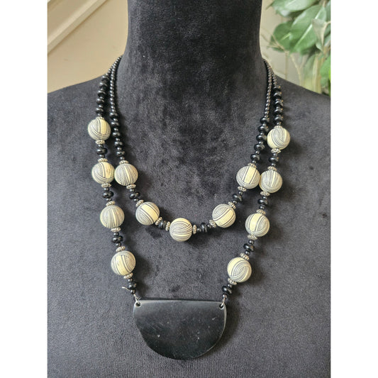 Black Cream Striped Beaded Double Strand Half Moon Pendant Necklace