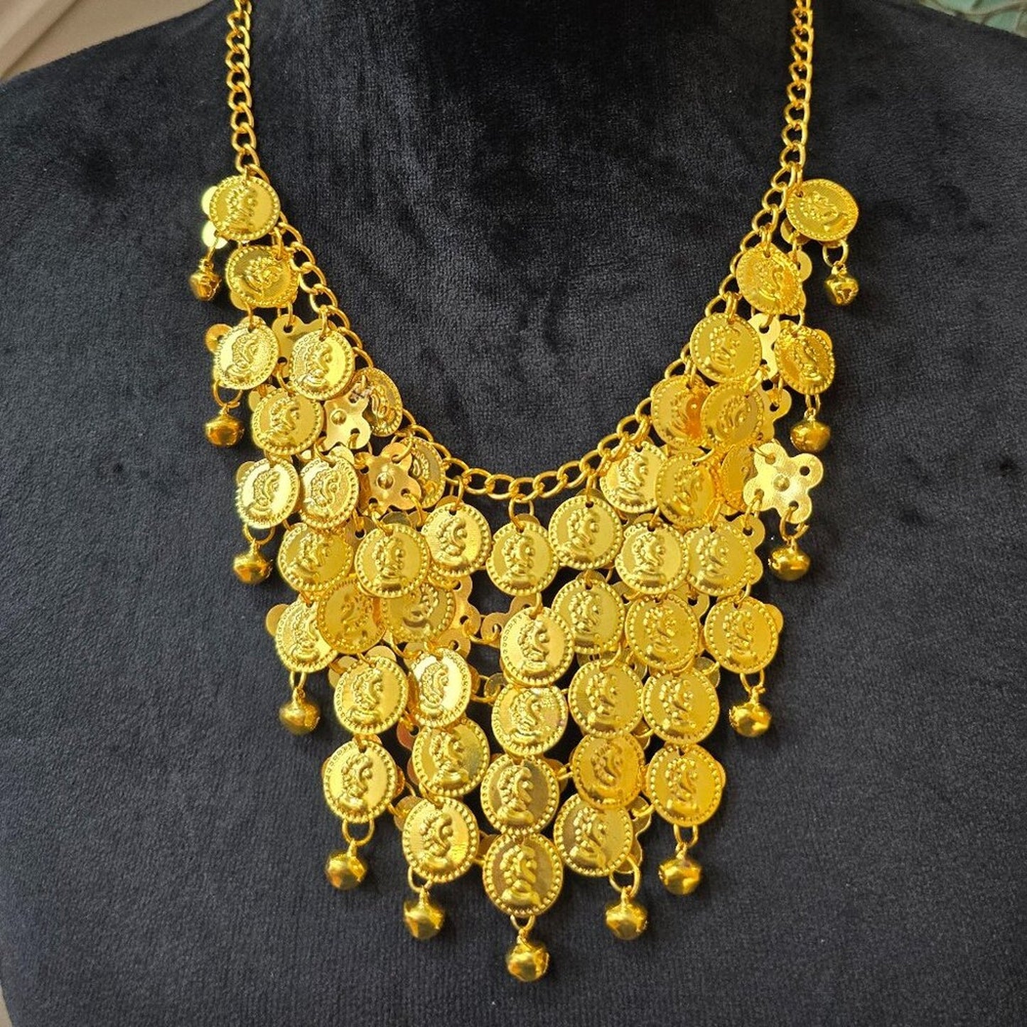 Womens Gold Tone Figure Detail Round & Bell Charm Pendant Necklace with Lobster