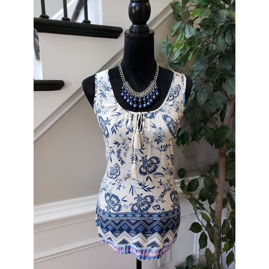 Faded Glory Women's White Floral 100% Rayon Scoop Neck Sleeveless Top Tank Small