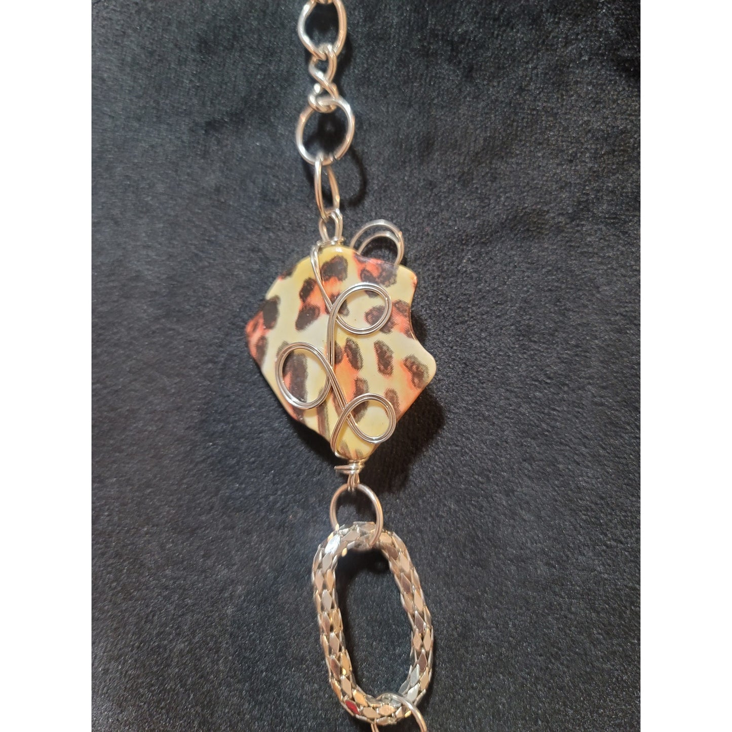 Women's Statement Necklace With Leopard Print Beads And Silver Chain Links