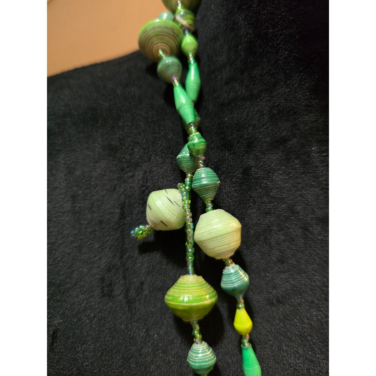 Women's Green Beaded Double Strand Necklace Paper Bead Long Boho Statement
