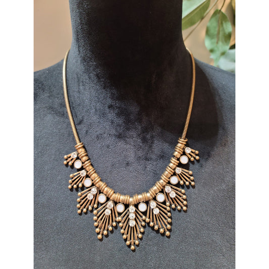 Women's Antique Gold Statement Necklace With White Stones And Lobster Clasp Lock