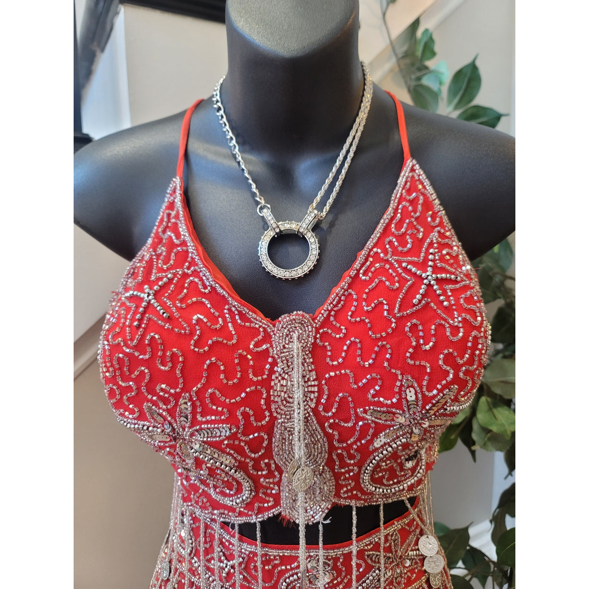 Custom Belly Dance Costume Large Red Halter Top Open Back Coin Skirt Padded Bra
