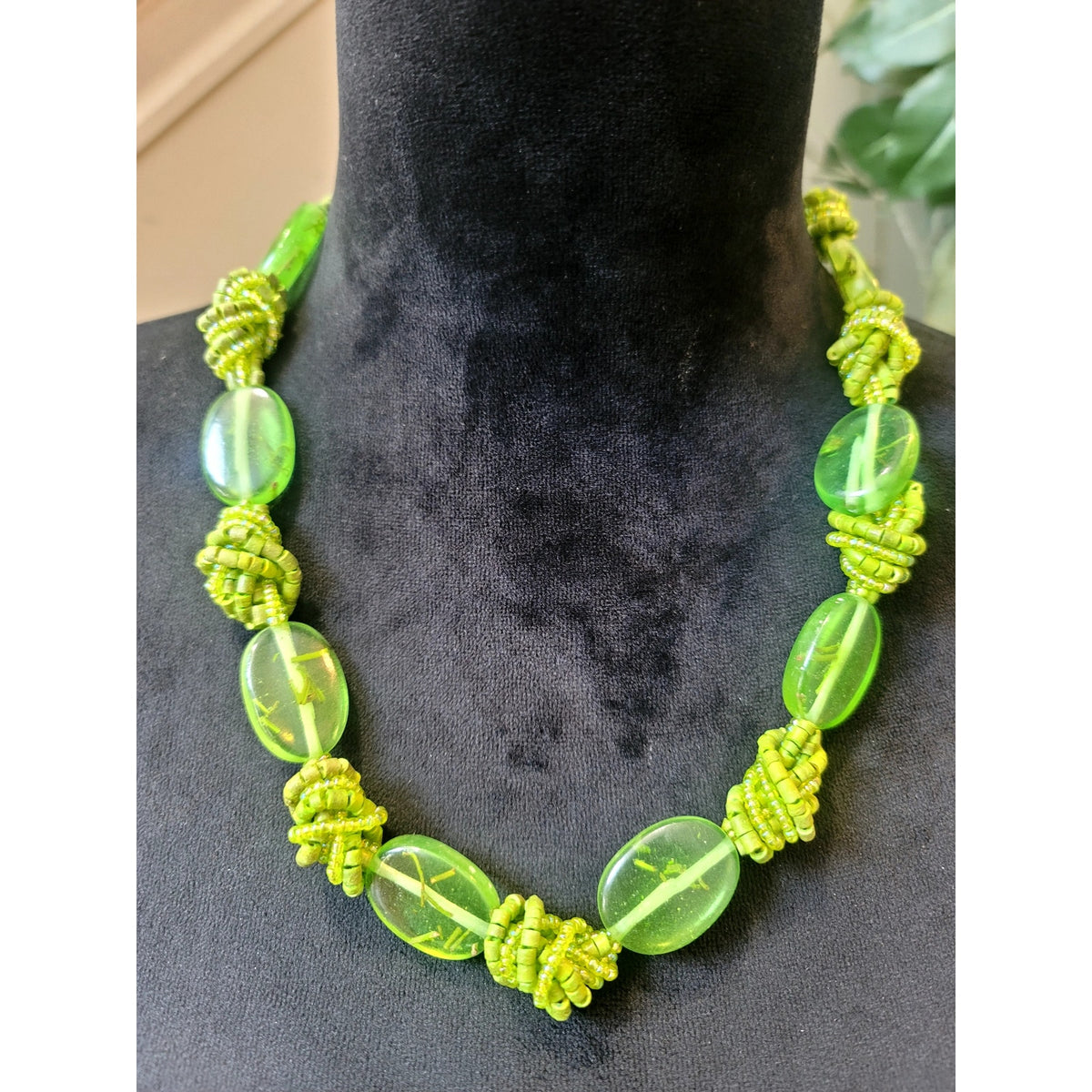 Lime Green Acrylic Oval Bead Statement Necklace Knotted Cord Chunky Boho