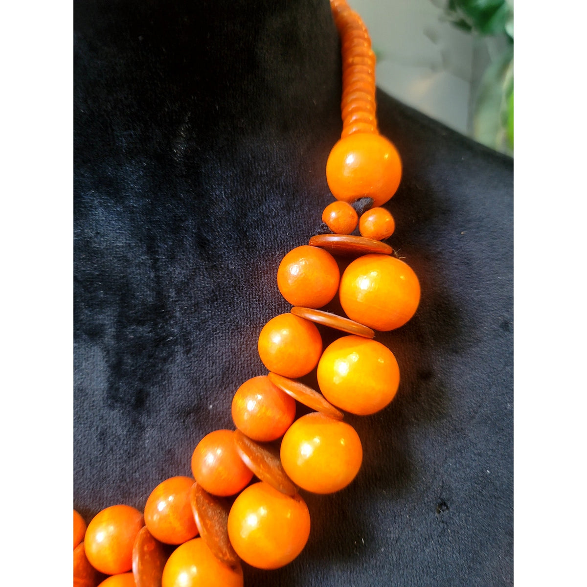 Orange Wooden Bead Statement Necklace Chunky Bib Boho Artisan Bold Fashion 20"