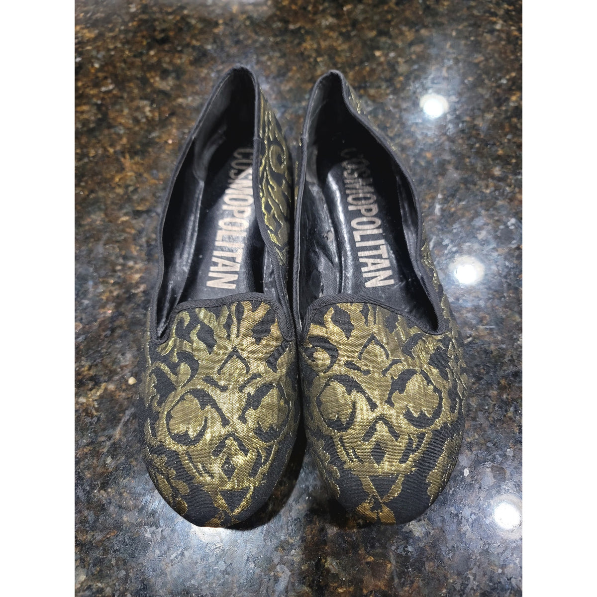 Cosmopolitan Ballet Shoes Women's Size 8.5M Black Gold Paisley Round Toe Slip On