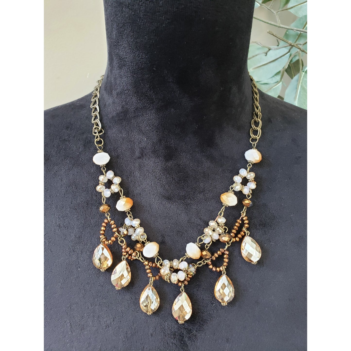 Women Gold Tone Multi Shape Faceted Beads Dangley Charms Bib Necklace w/ Lobster