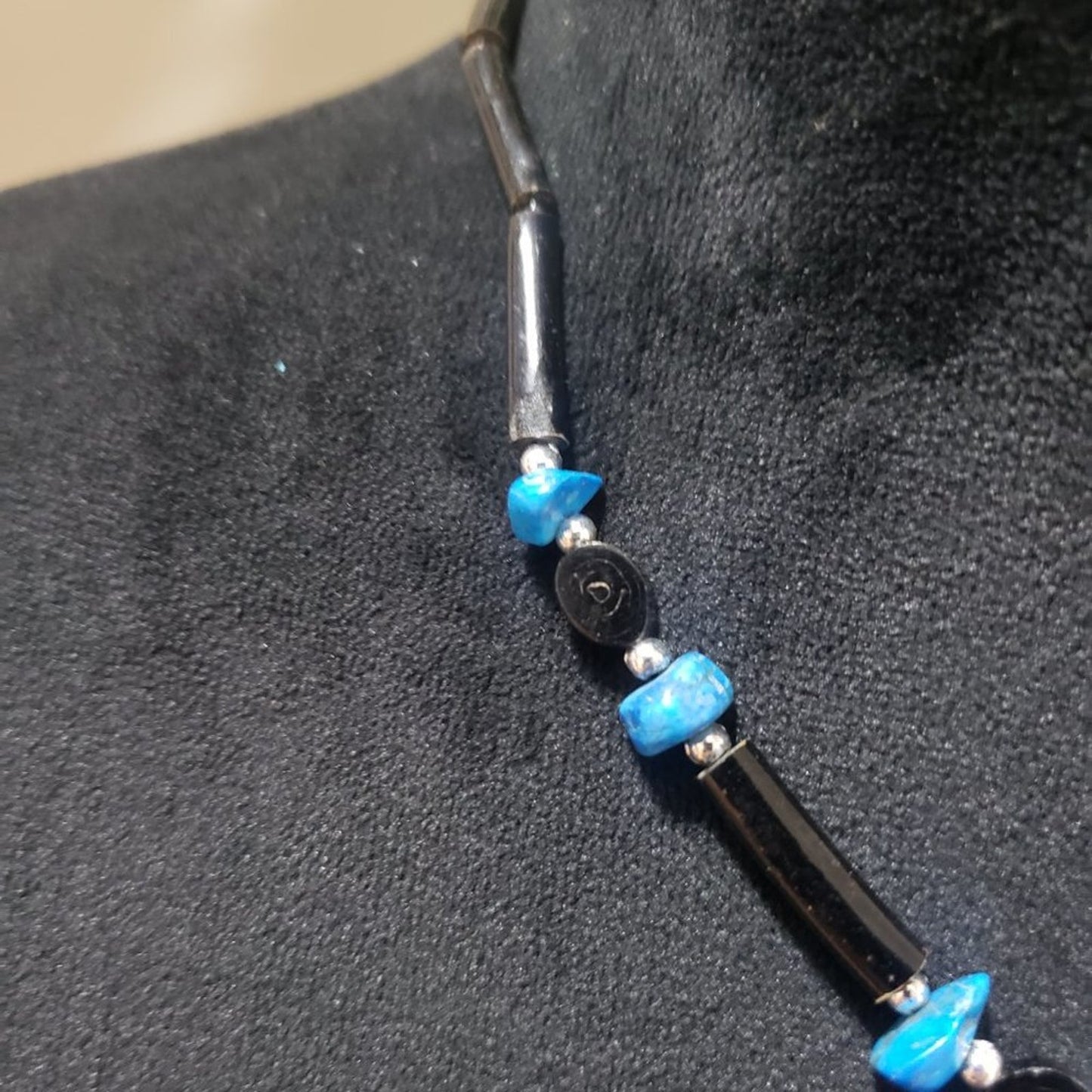 Artisan Women Fashion Black Twist Bar Blue Faux Turquoise Beaded Collar Necklace