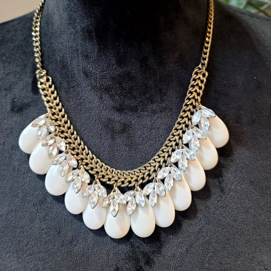 Womens Fashion White Crystal & Pearl Teardrop Bead Necklace with Lobster Clasp