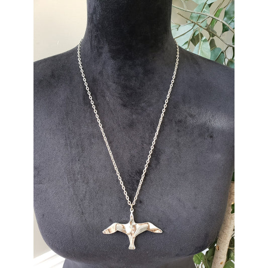 Women Fashion Silver Tone Abstract Large Bird in Flight Pendant Necklace Jewelry