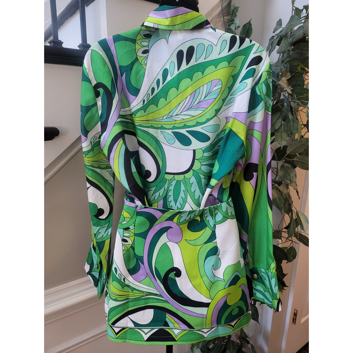 Fancy Dream Skirt Set Women's Green Geometric Button Up Side Zipper Long Sleeve