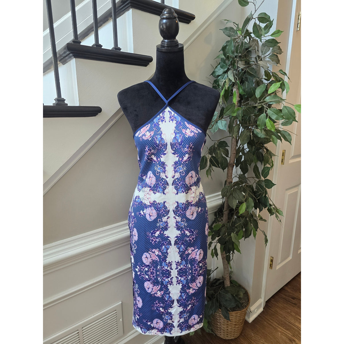 Venus Sheath Dress Women's Large Blue/Pink Floral Cross-Front Spaghetti Straps