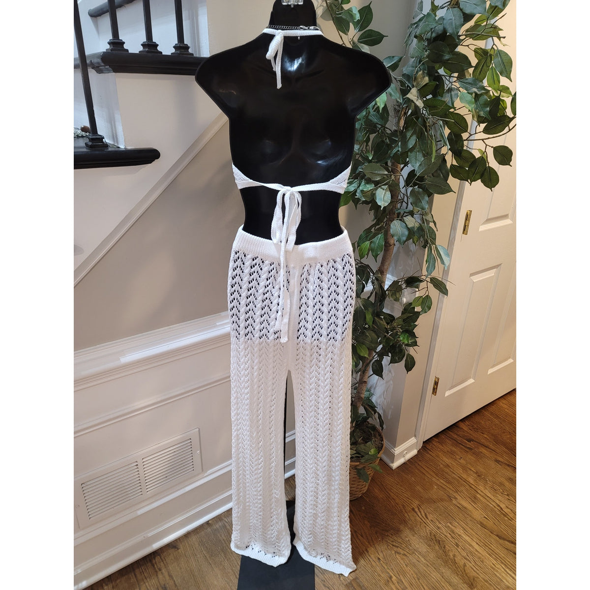 Crochet 2 Piece Set Women Medium White Cover Up Pant Halter Bikini Top Open Back