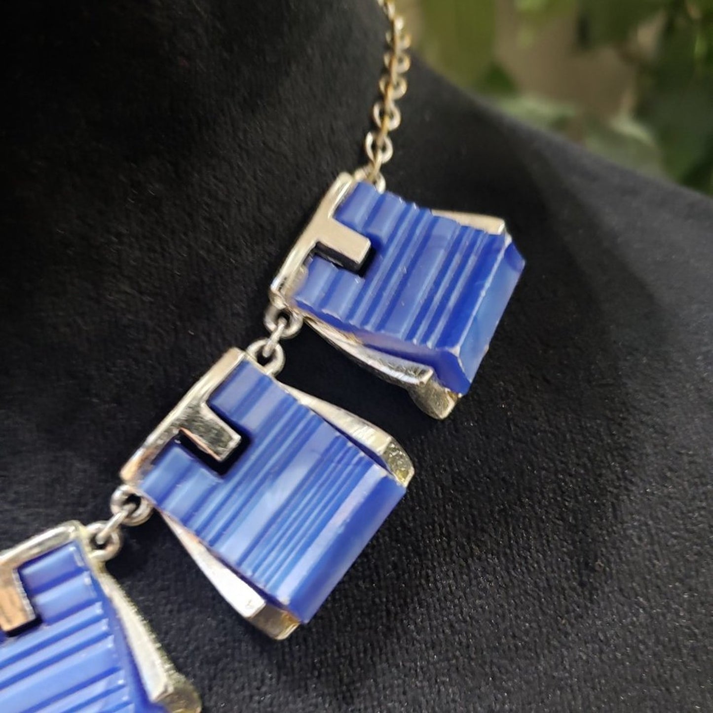 Women Fashion Gold & Blue Tone Geometric Shape Link Chain Choker Necklace
