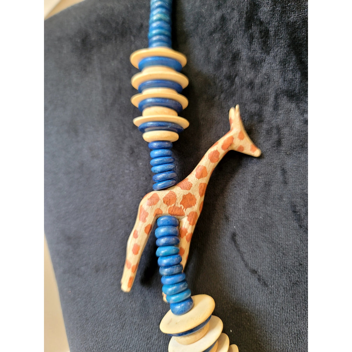 Hand Carved Giraffe & Elephant Wood Pendant Necklace Blue Beaded Tribal 24"