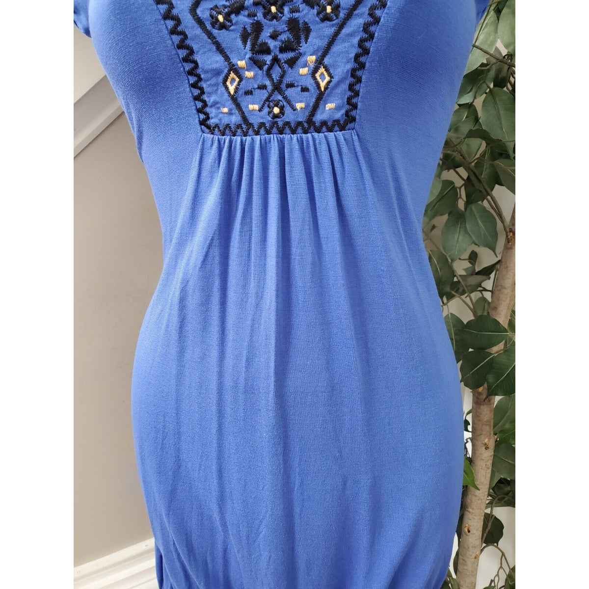 Sam & Max Women Blue Solid Viscose Square Neck Short Sleeve Knee Length Dress 8