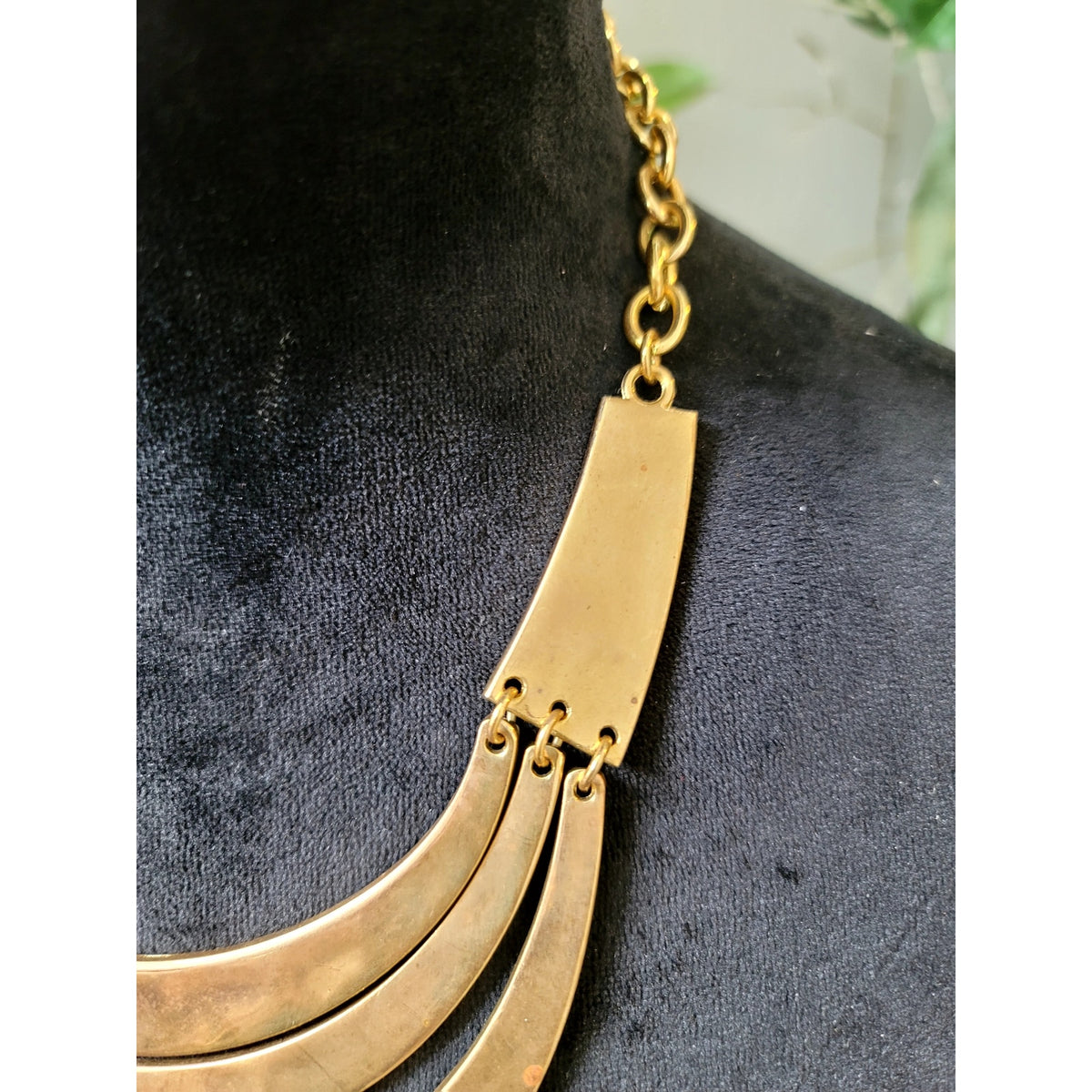 Gold Tone Layered Crescent Bib Statement Necklace Modern Boho