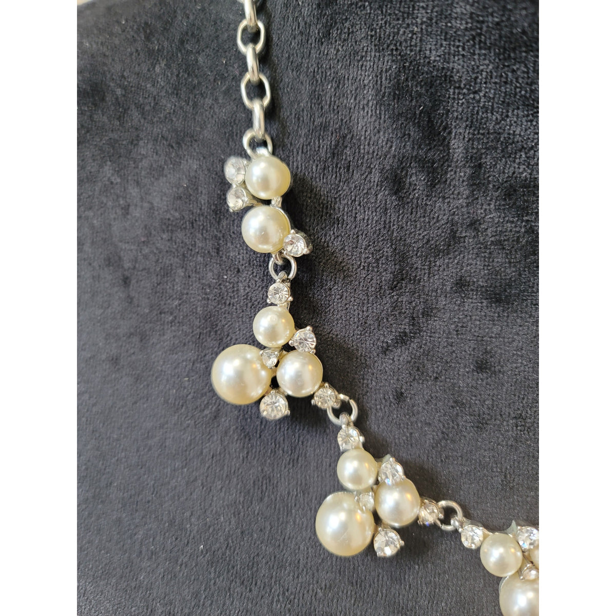 Women Silver Statement Necklace With Pearl And Rhinestone Clusters Lobster Clasp