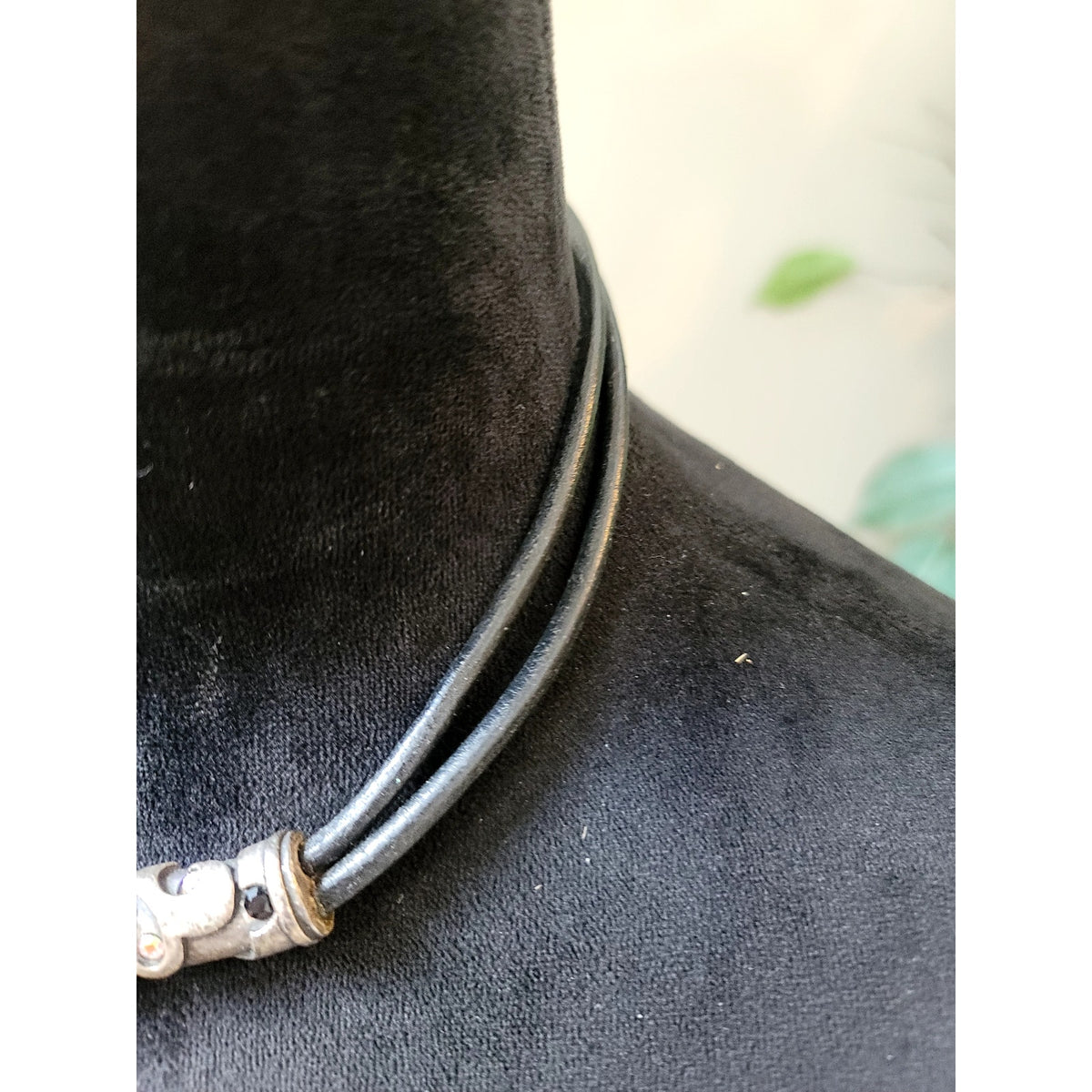 Black Leather Cord Choker Necklace with Antique Silver Tribal Slide Boho Gothic