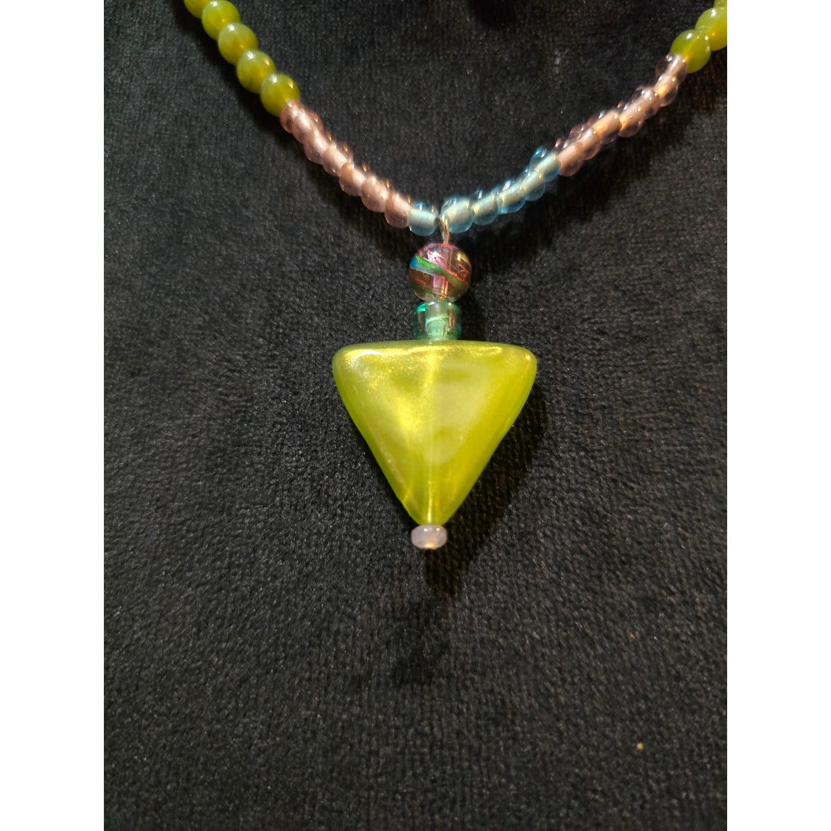 Women Colorful Glass Beaded Necklace Double Strand Green Pendant Handmade Boho