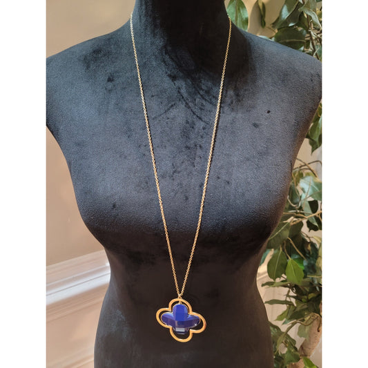 Women's Long Gold Chain Necklace Blue Clover Pendant With Lobster Clasp Lock