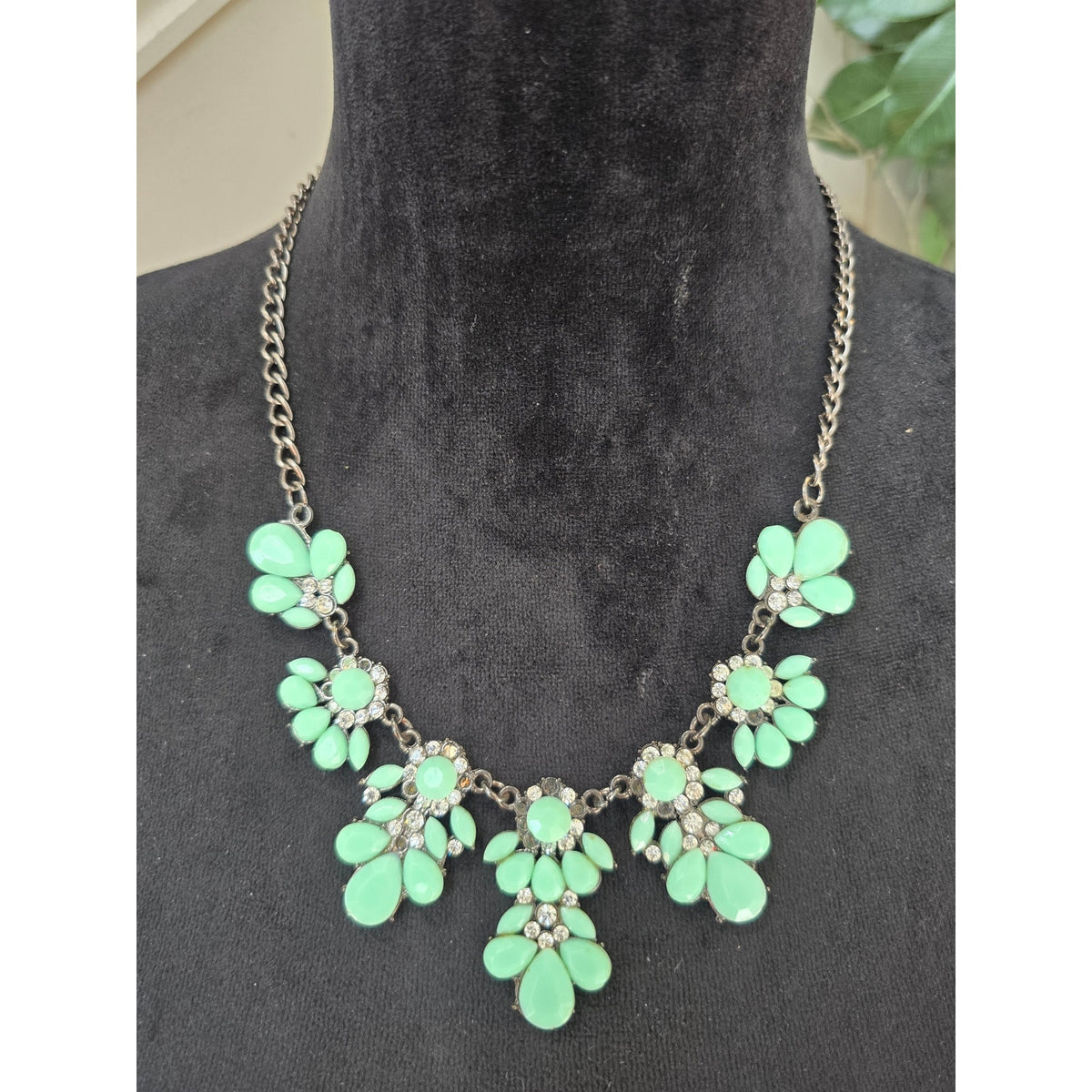Mint Green Teardrop Rhinestone Floral Bib Statement Necklace