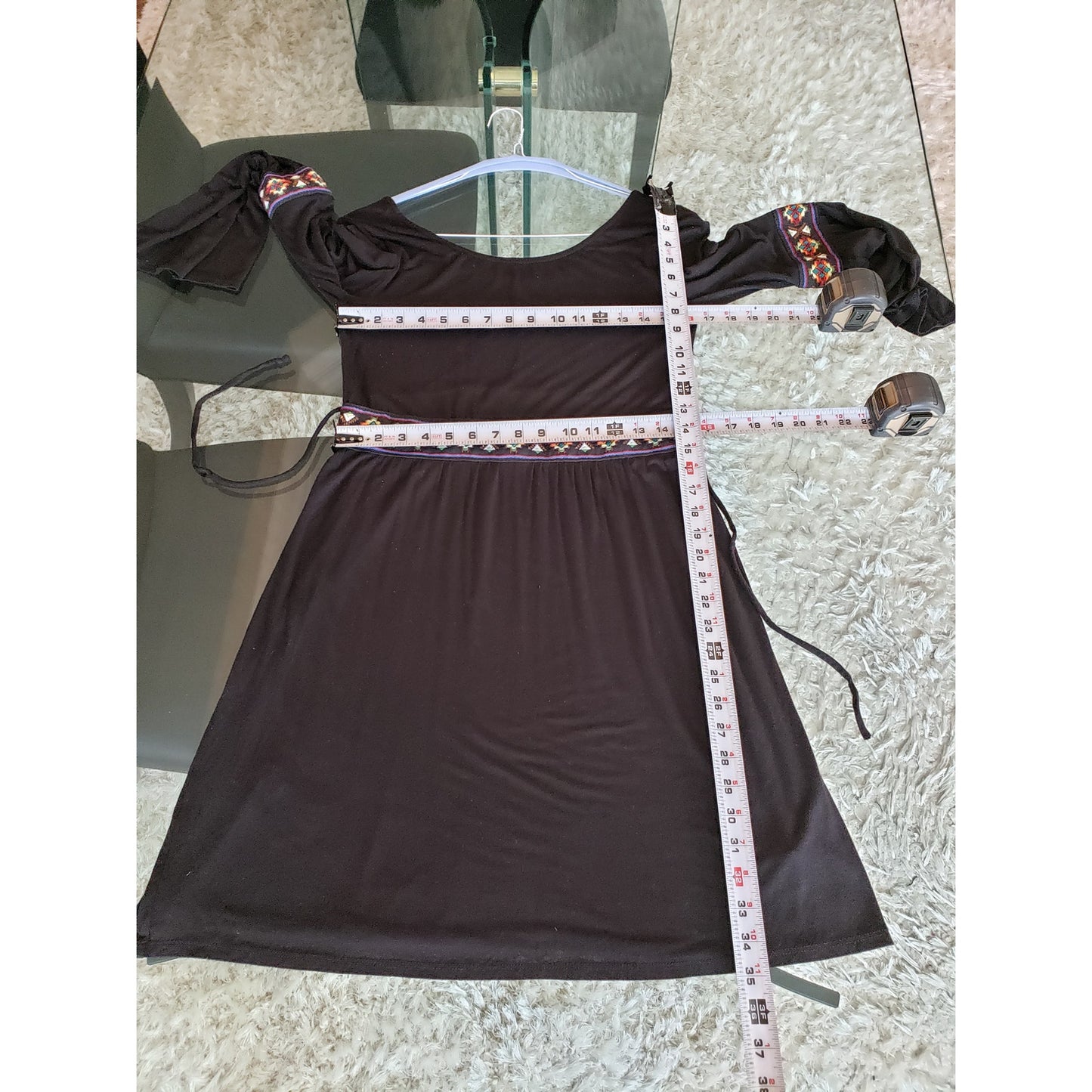 Peppermint Fit & Flare Dress Women M Black Rayon Embroidered Belted Boat Neck