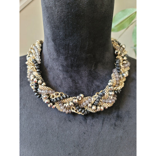 Womens Gold Chain Beaded Choker Necklace With Lobster Clasp Black And Gray Beads
