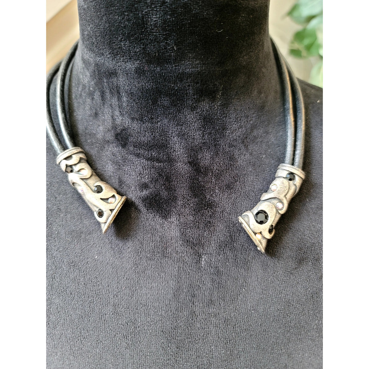 Black Leather Cord Choker Necklace with Antique Silver Tribal Slide Boho Gothic