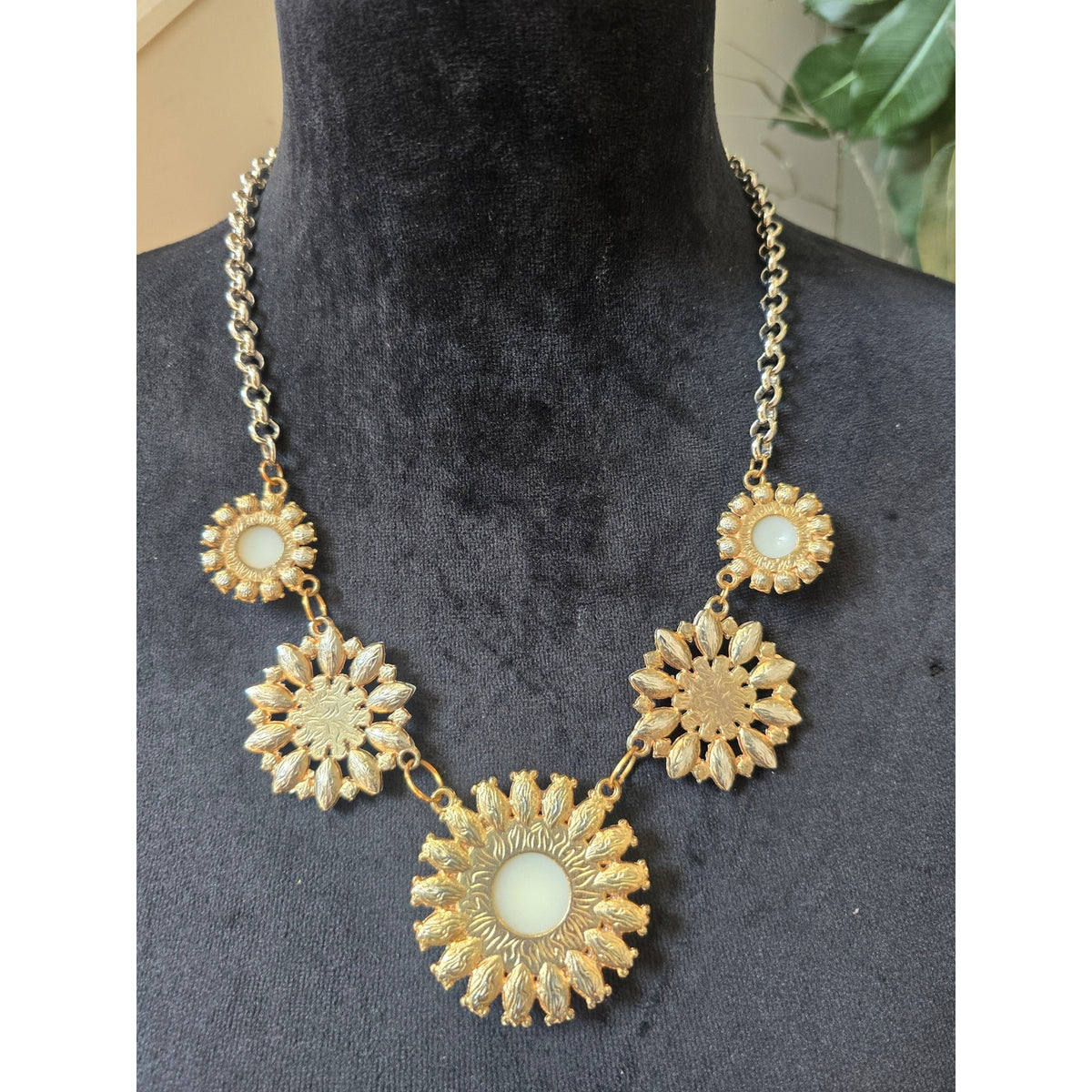Gold Tone Peach Ivory Floral Rhinestone Statement Necklace