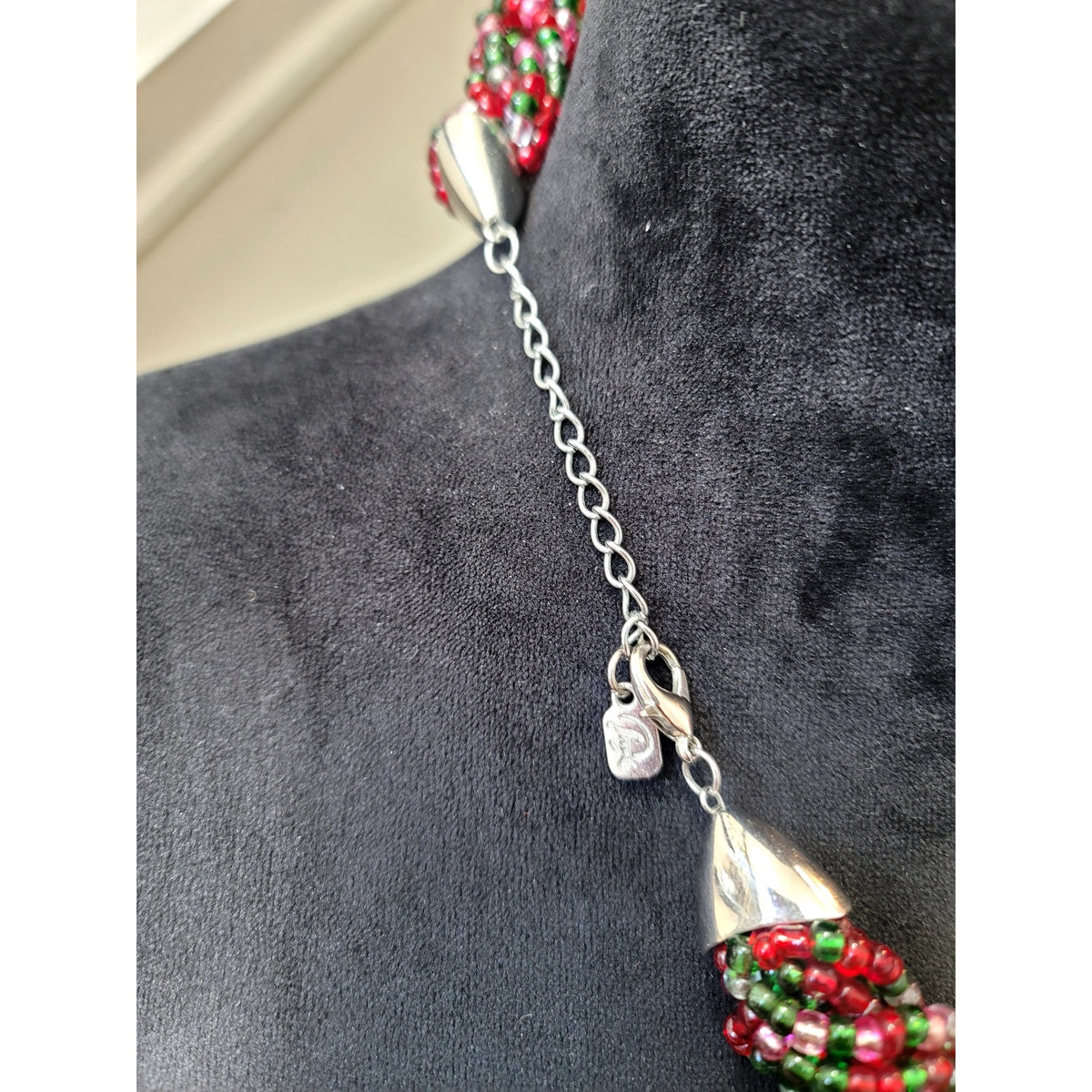 Red & Green Seed Bead Braided Collar Necklace Chunky Statement Holiday Jewelry
