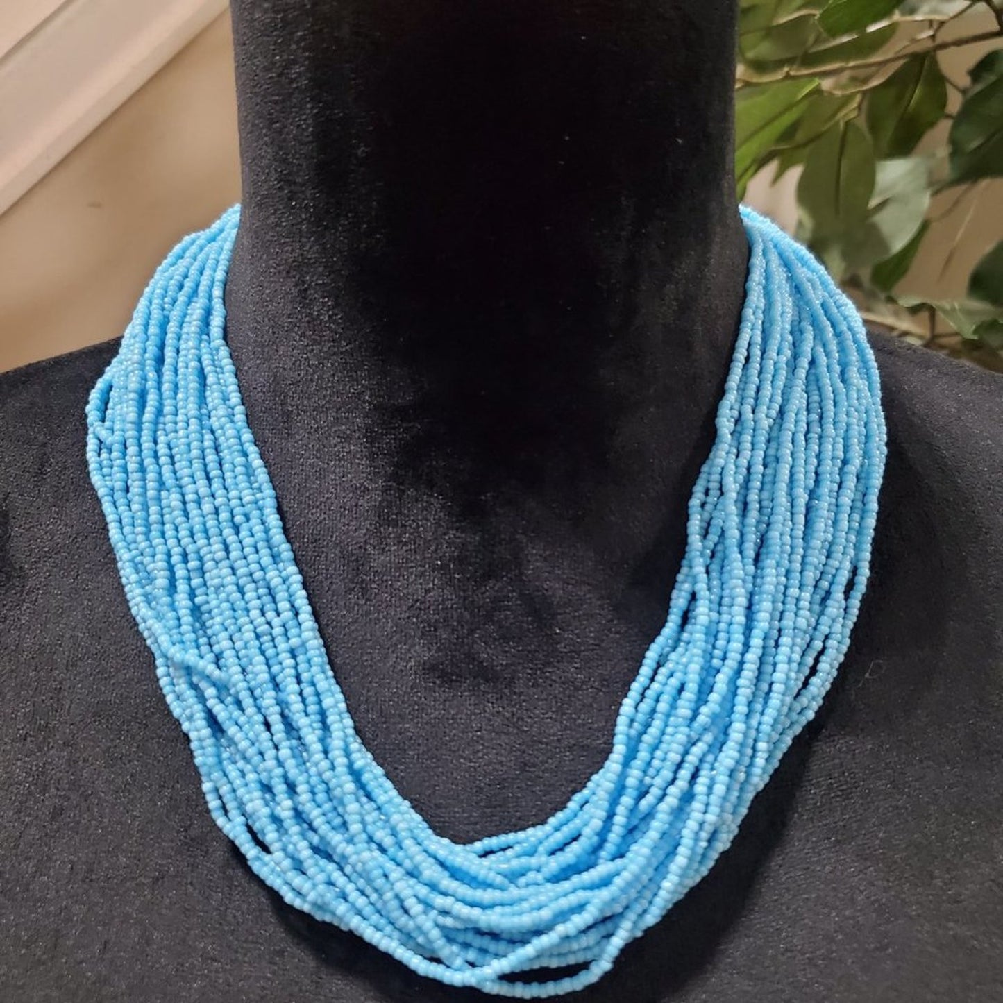 Womens Fashion Blue Seed Bead Multi Strand Collar Necklace with Lobster Clasp