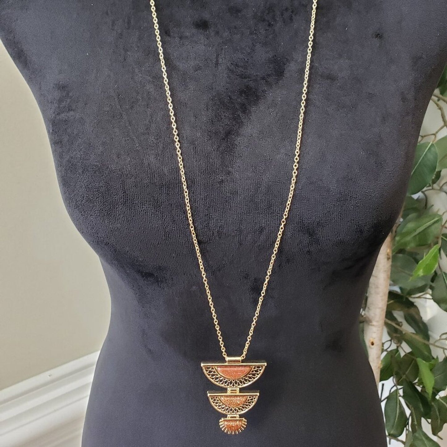 Womens Gold Tone 3 Layered Chevron Goldstone Pendant Necklace with Lobster Clasp