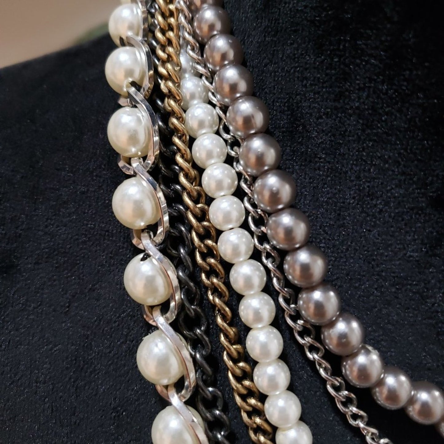 Women Fashion Faux Pearls Multi Strand Chain Statement Necklace Lobster Clasp