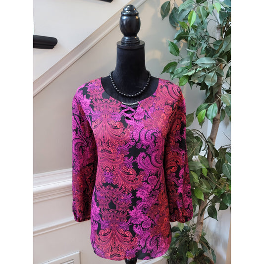Est 1846 Blouse XL Multi Paisley Criss Cross Split Drop Shoulder Curved Pullover