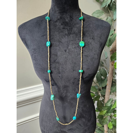 Women's Long Beaded Necklace With Green Stone Accents And Antique Brass Beads