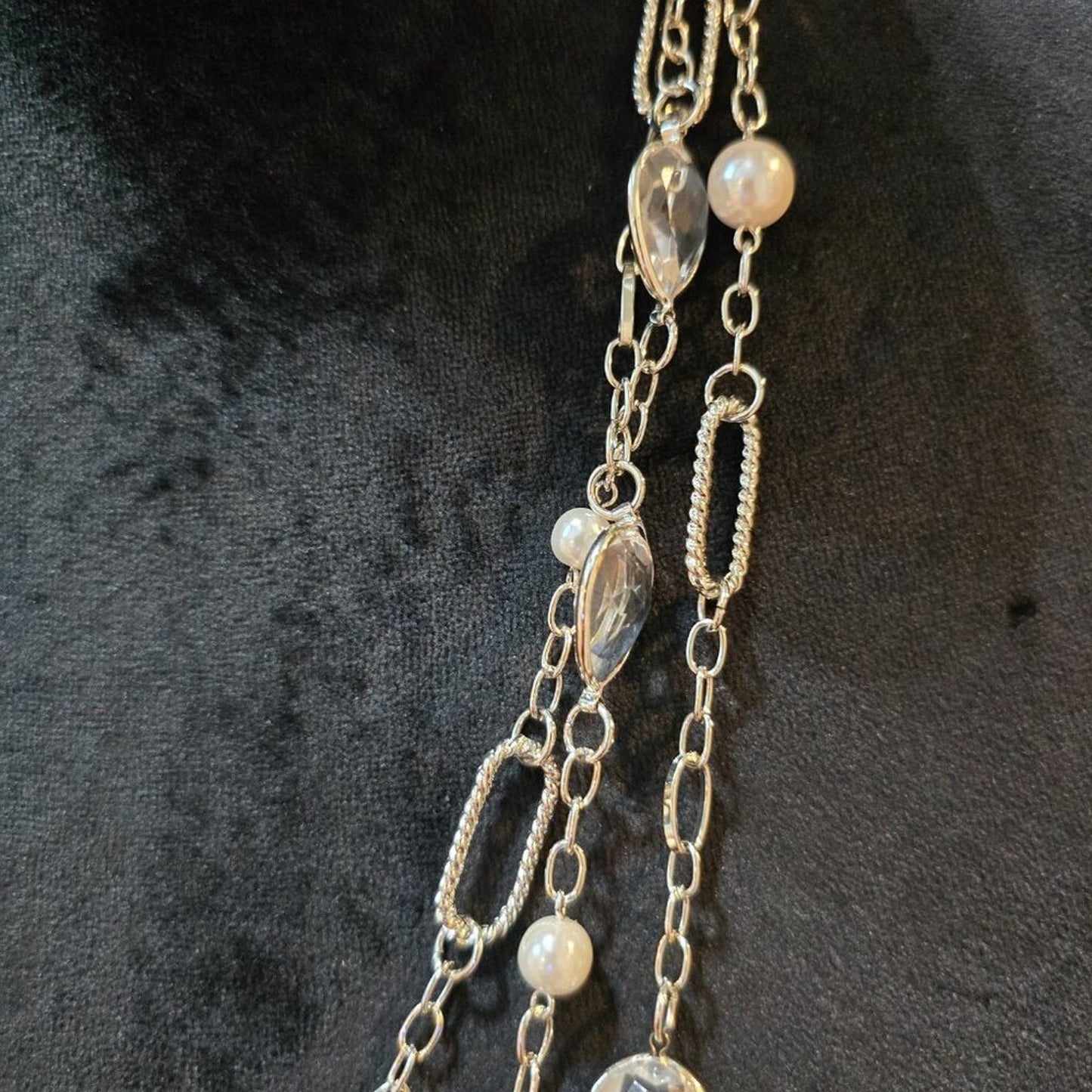 Women Fashion Silver White 3-Layer Chain Beaded Long Necklace with Lobster Clasp