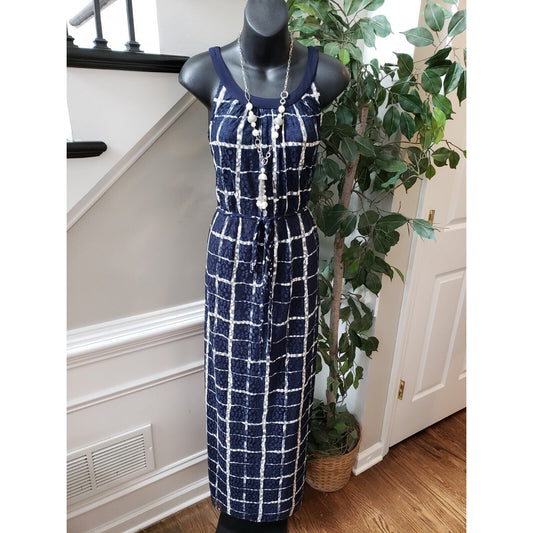 New York & Company Womens Blue Check Lace Tie Waist Sleeveless Long Maxi Dress L