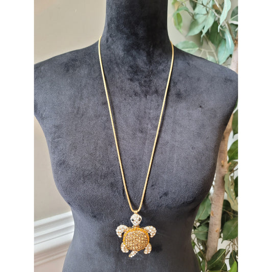 Betsey Johnson Gold Turtle Pendant Necklace Crystal Rhinestones Lobster Clasp