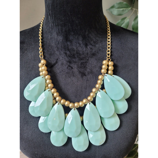 Women's Aqua Teardrop Necklace with Gold Beads and Chain Design Lobster Clasp