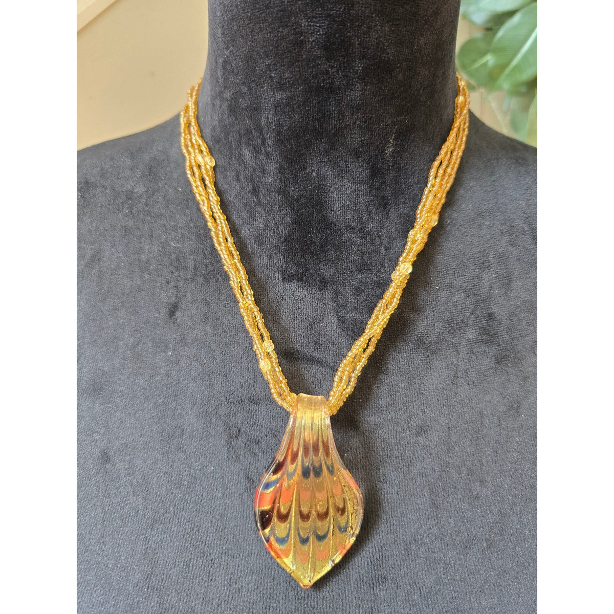 Gold Tone Multi Strand Beaded Necklace Enamel Pendant Boho Statement Jewelry