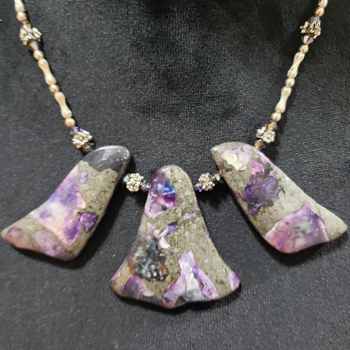 Women Purple Impression Jasper Stone Hematite Beaded Necklace with Hook & Eye